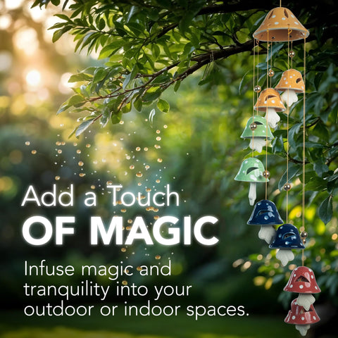 Wiosi mushroom wind chimes close-up showing vibrant handcrafted color accents.