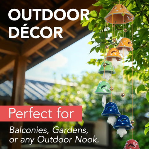 Wiosi mushroom wind chimes on patio decorate entry with gentle tones.