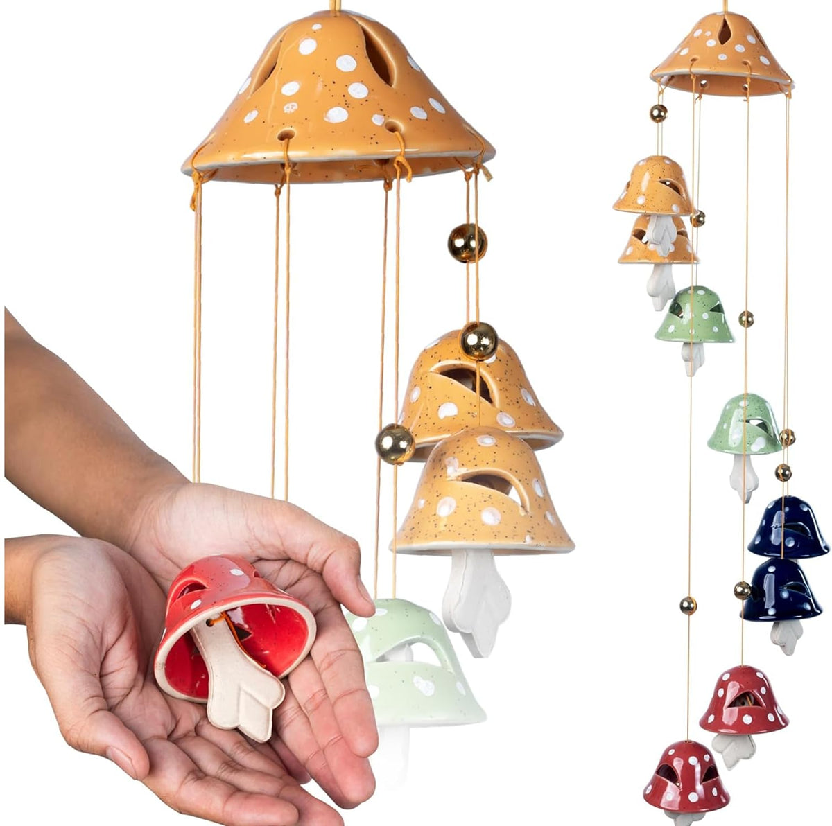 Wiosi mushroom wind chimes outdoors with ceramic bell for calming garden ambiance.