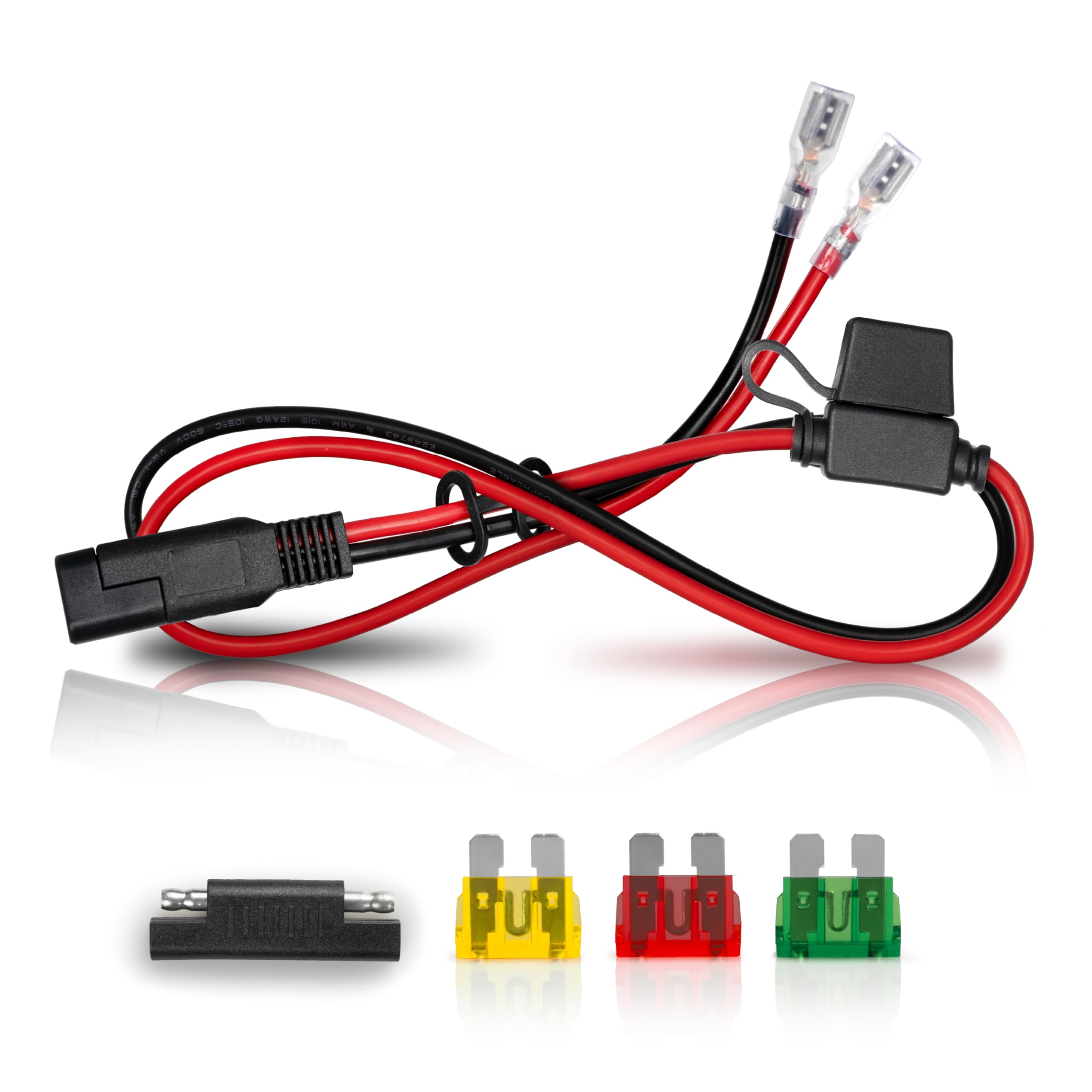 WireNPower SAE plug to F2 spade 2ft cable shown for reliable automotive and solar wiring.