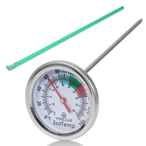 Wirezar compost soil thermometer with a 16-inch stem for accurate garden soil readings.