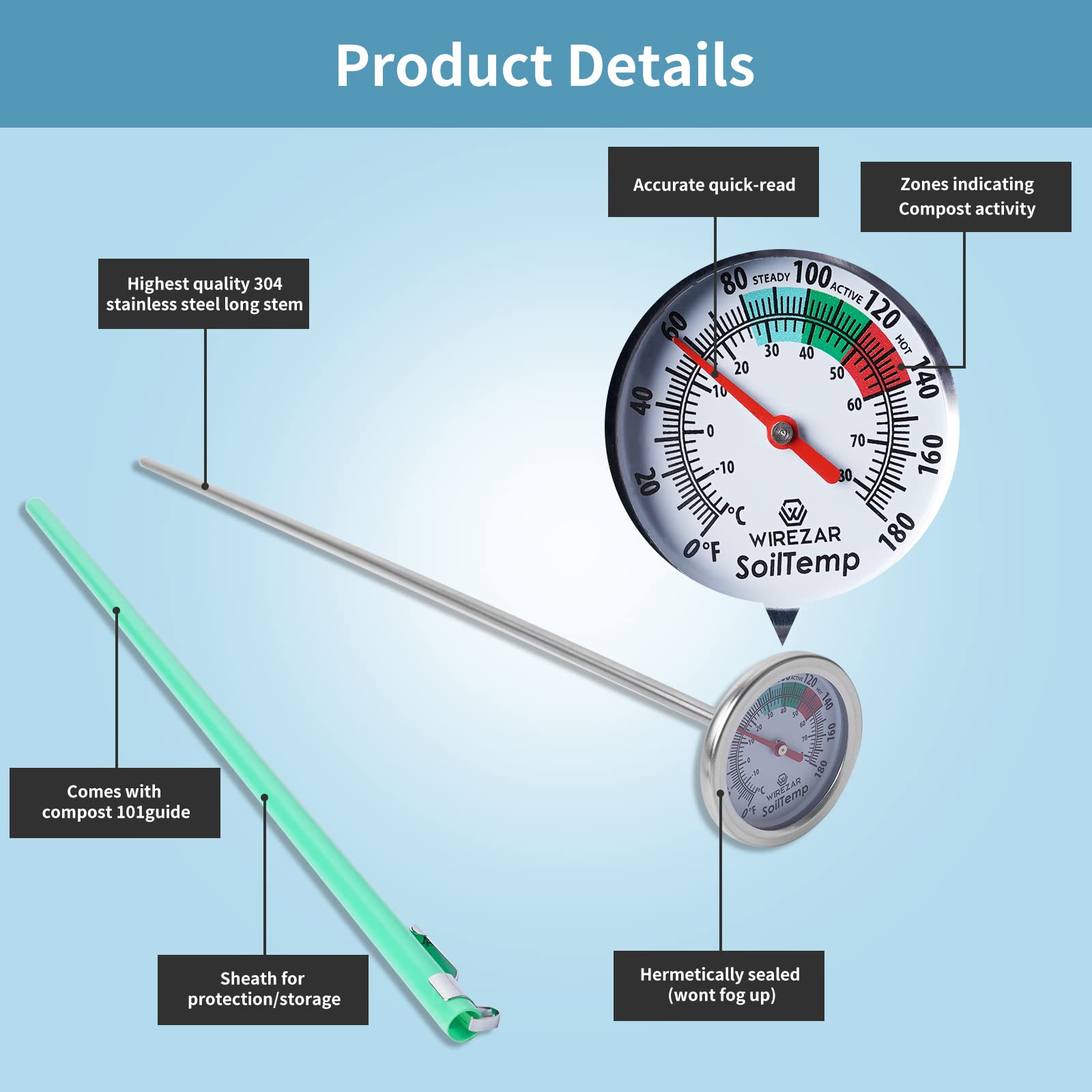 Wirezar dial thermometer for compost and garden beds with clear numerals.