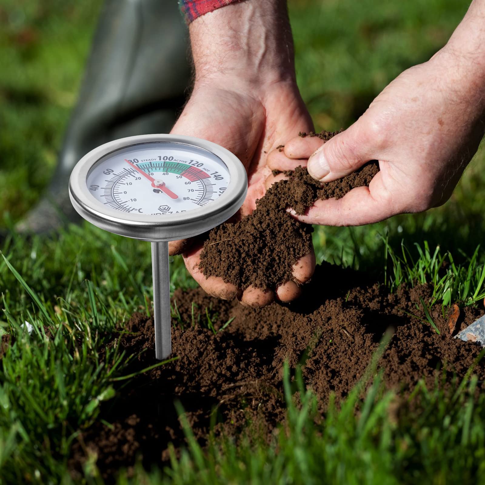Wirezar stainless steel thermometer dial close-up for reliable outdoor soil measurements.