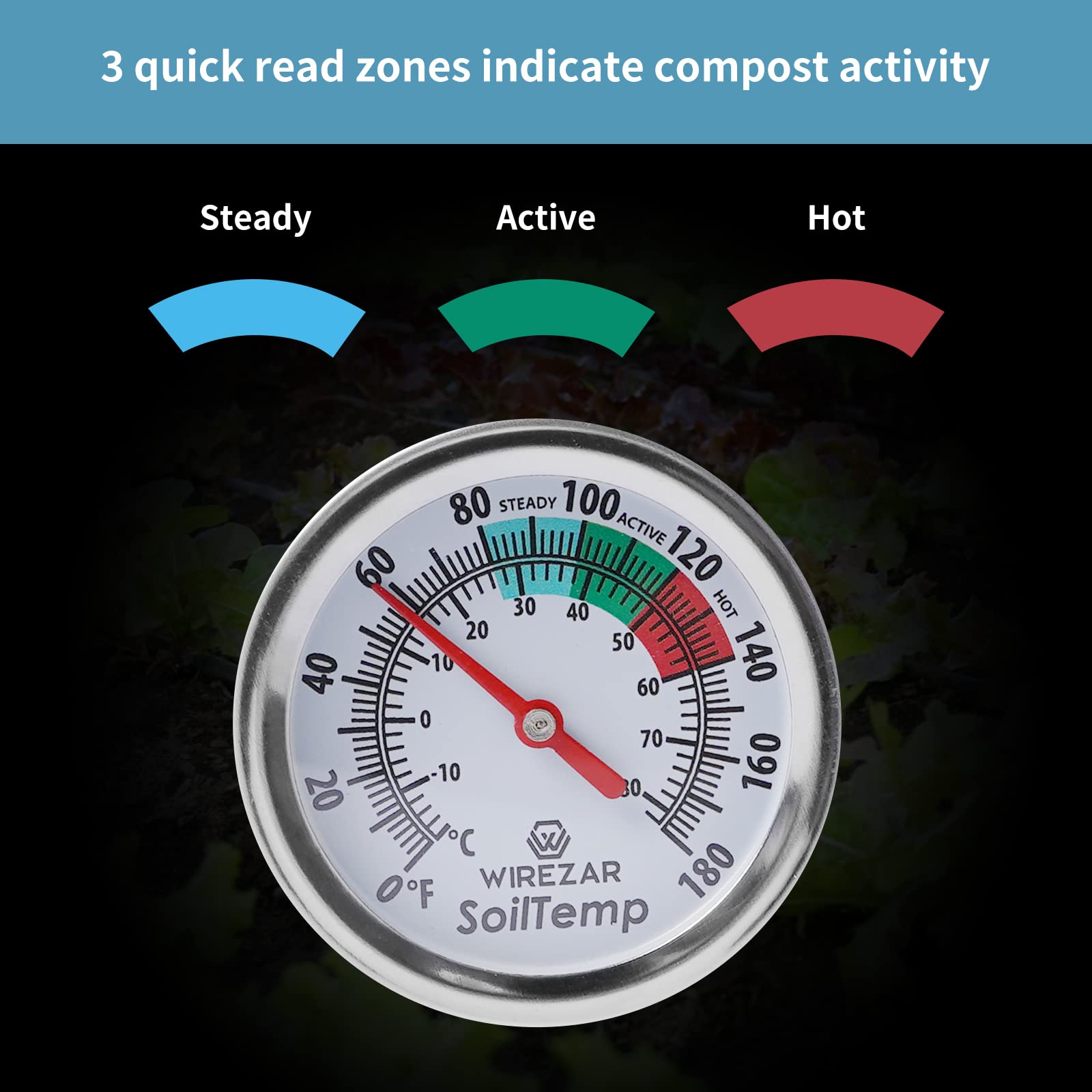 Wirezar waterproof thermometer shown in a garden bed for compost pile monitoring.
