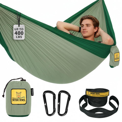  Wise Owl Outfitters camping hammock single sage green packed for travel, ready to go
