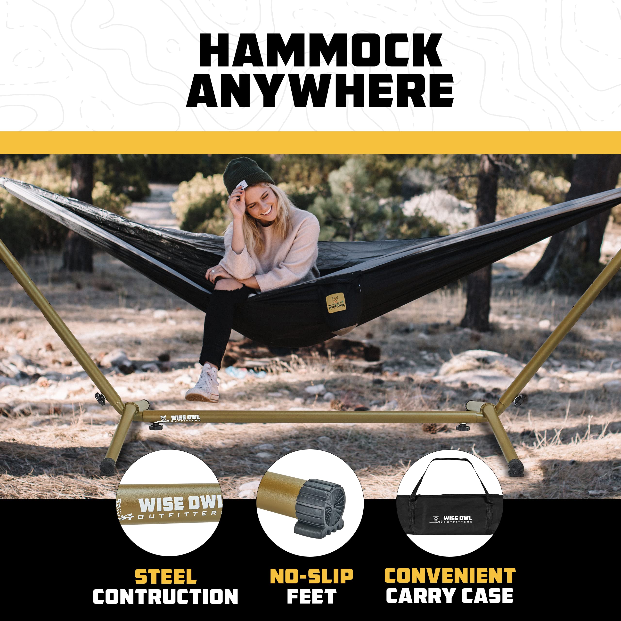 Wise Owl Outfitters hammock stand 106x42 inches provides stable setup.