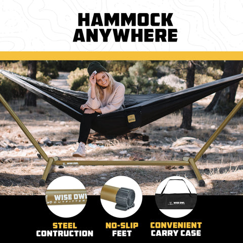 Wise Owl Outfitters hammock stand 106x42 inches provides stable setup.