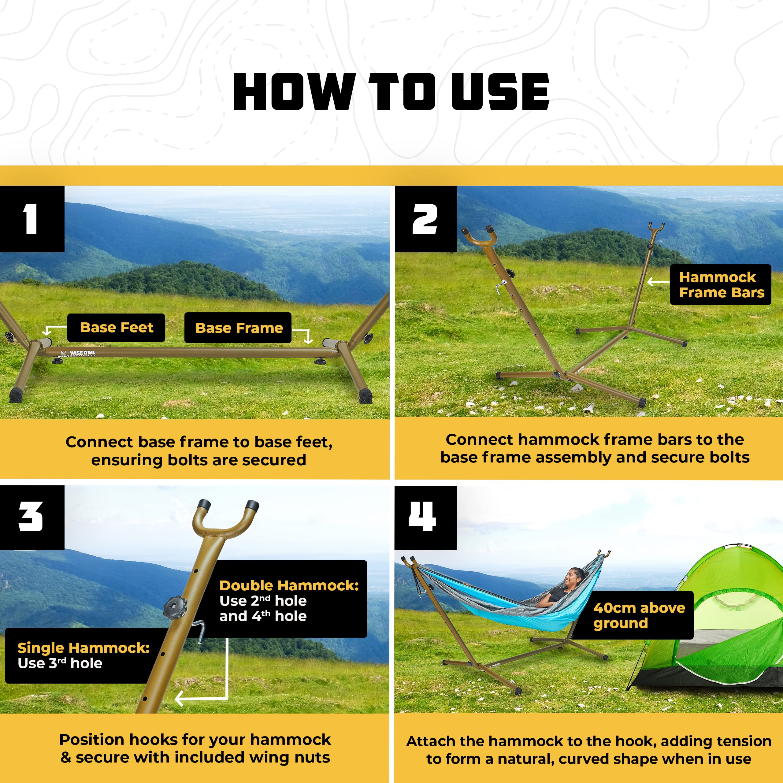 Wise Owl Outfitters hammock stand easy setup with included instructions.