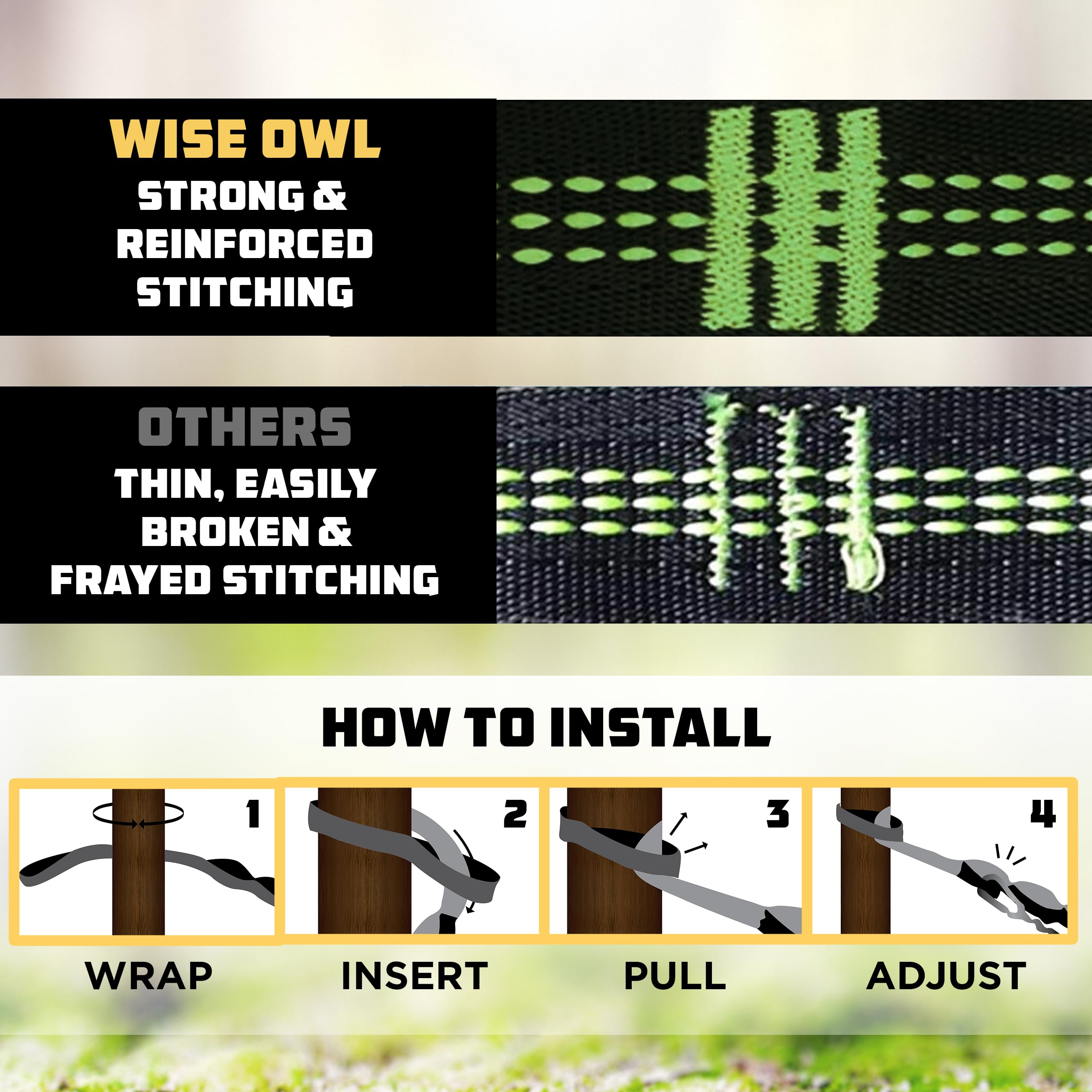 Wise Owl Outfitters 38-loop hammock strap in use between trees