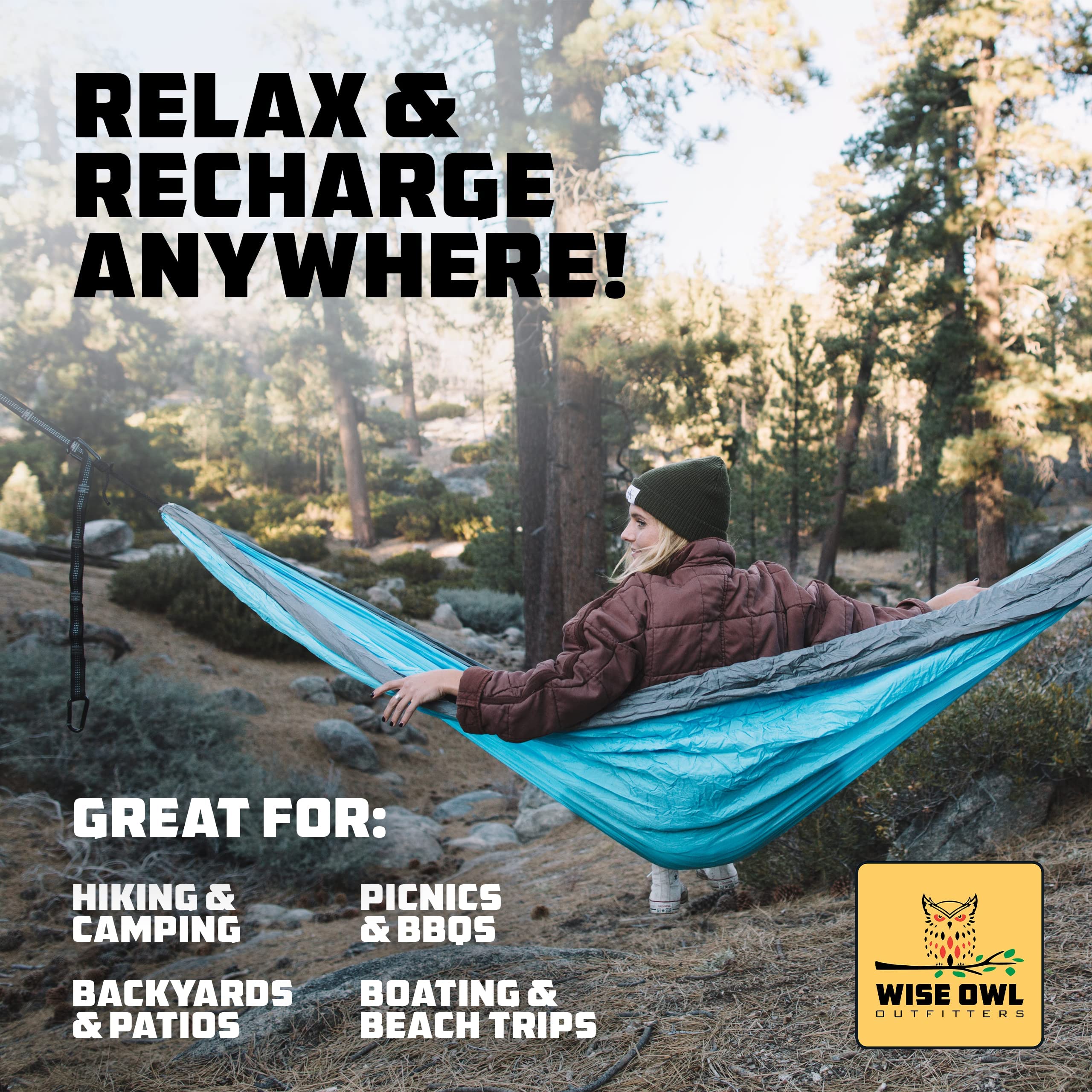 Wise Owl Outfitters weather-ready hammock handles sun and moisture year-round.