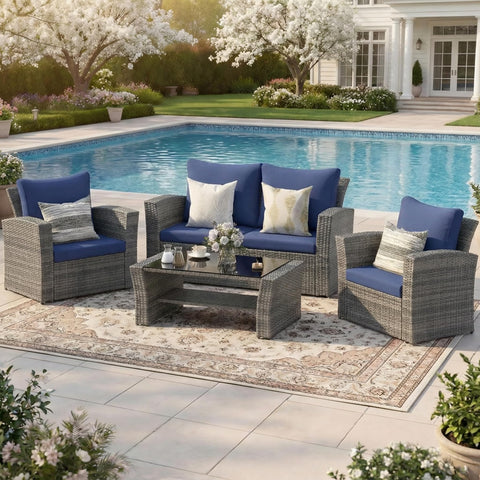 Wisteria Lane four-piece patio set with blue cushions for versatile outdoor living