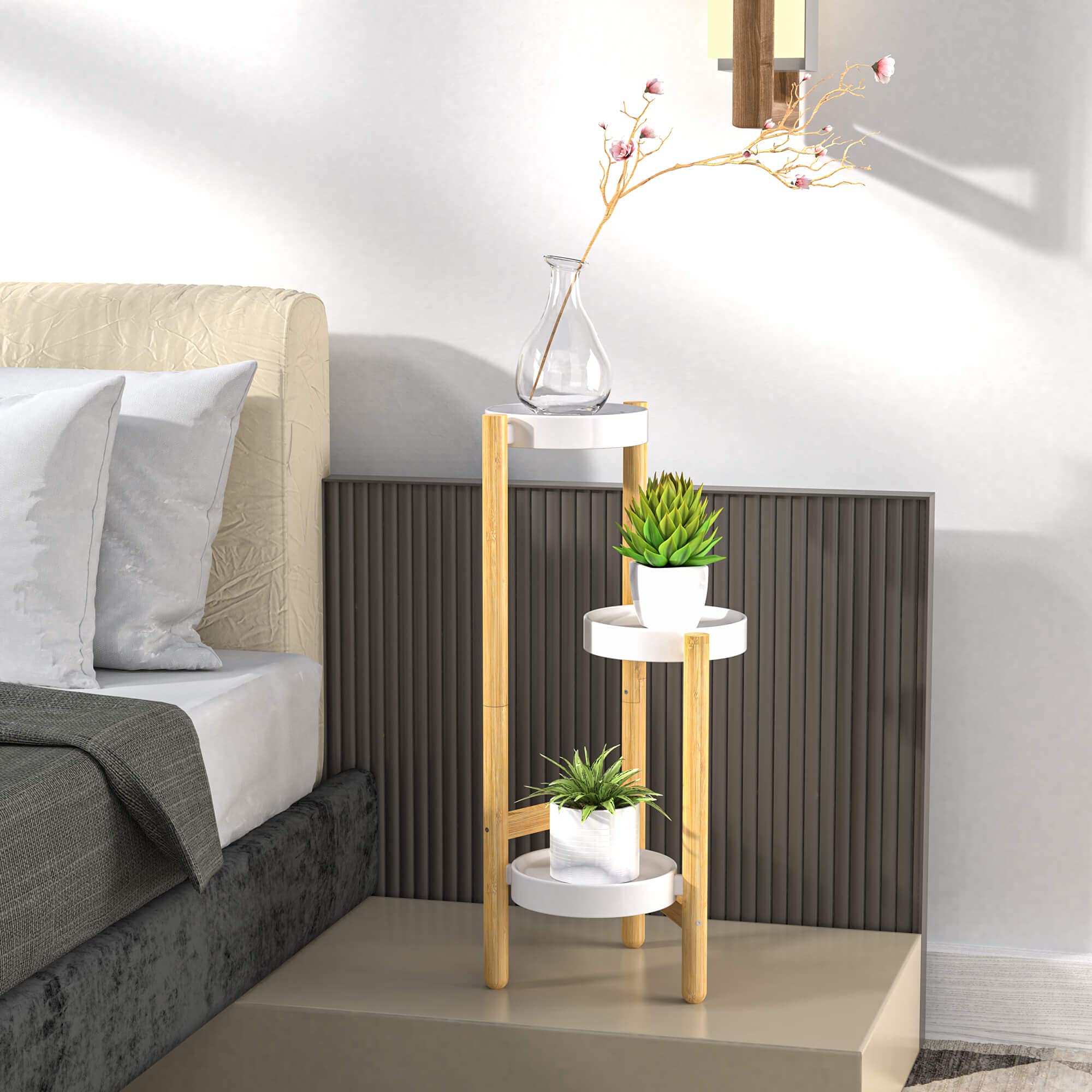 Wisuce 3-tier plant shelf assembled showing sturdy balance for diverse pots.