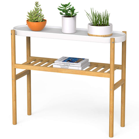 Wisuce bamboo indoor 2-tier shelf stand displays plants with sleek white upper plate.