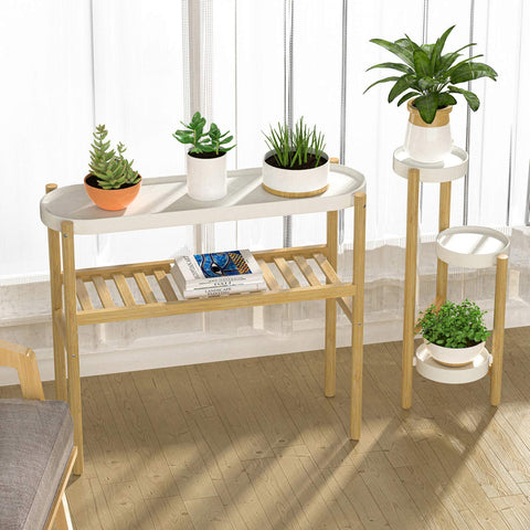 Wisuce two-tier plant table keeps books and decor alongside foliage.