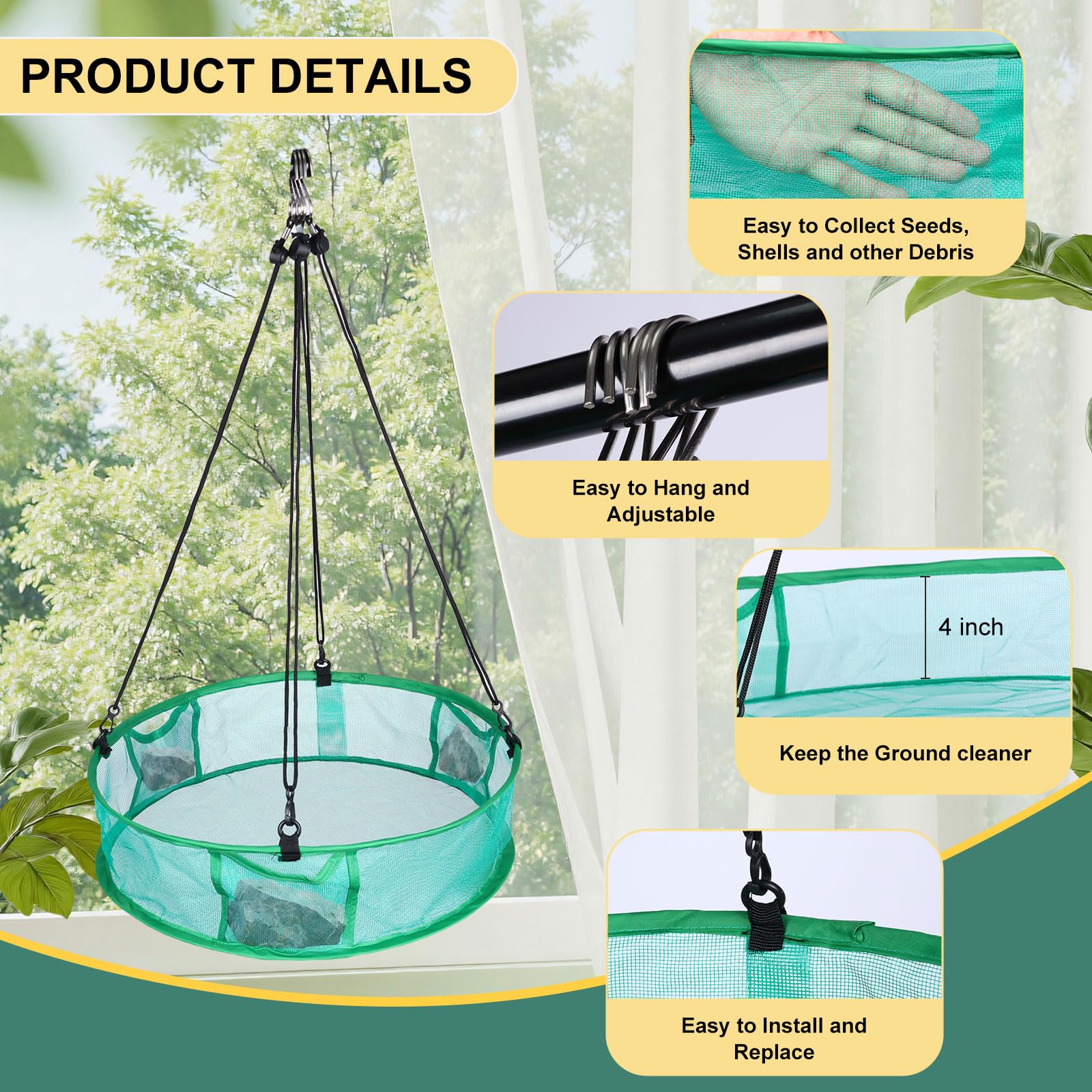Green seed catcher tray showing 16-inch depth for feeder use