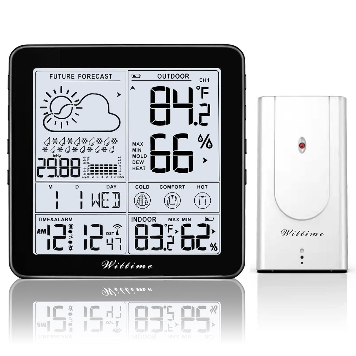 Wittime weather station front display shows temperature and time clearly