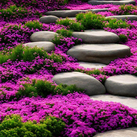 Wivolibe creeping thyme on a path edge illustrates drought-tolerant ground cover ideas.
