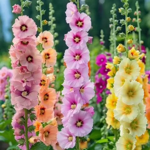 Wivolibe hollyhock blooms close-up showing large 4-inch petals and rich color.