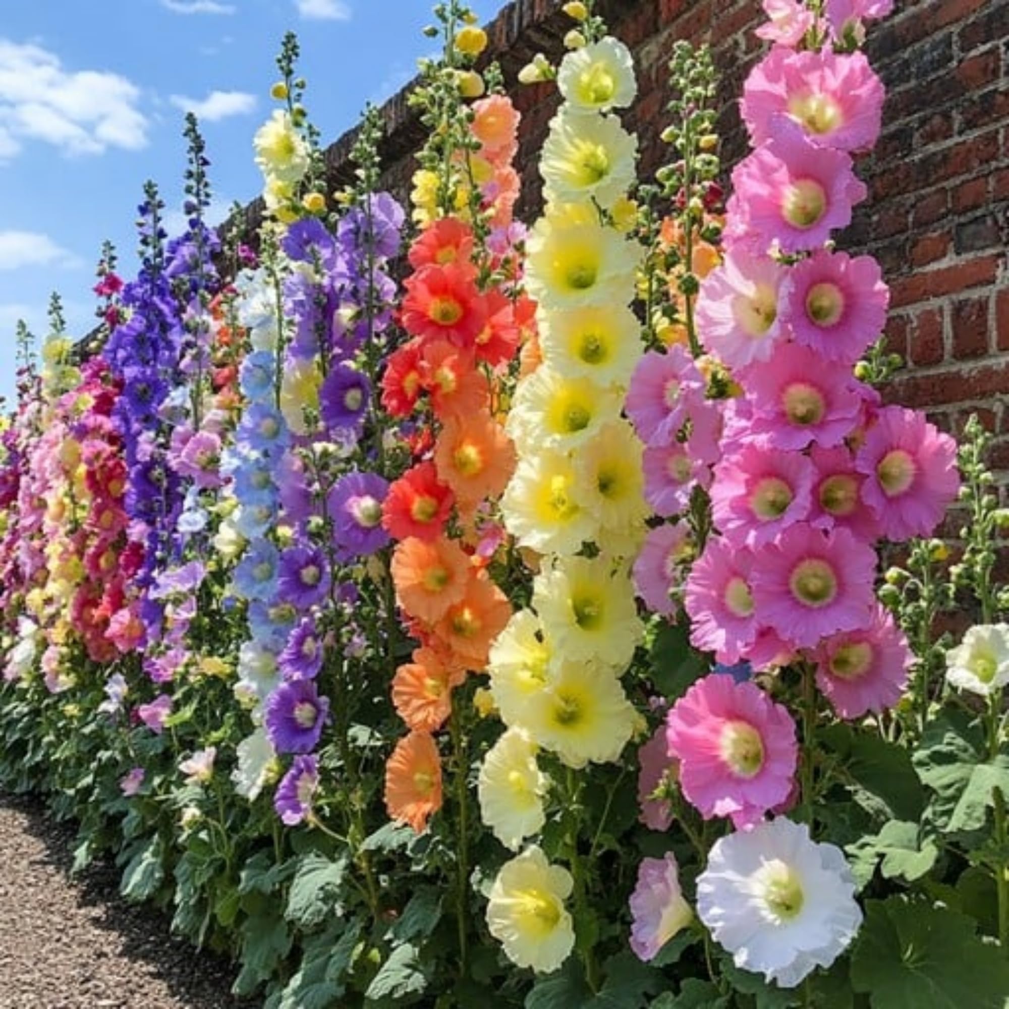 Wivolibe hollyhock garden display ideal for walls, fences, and entryways.