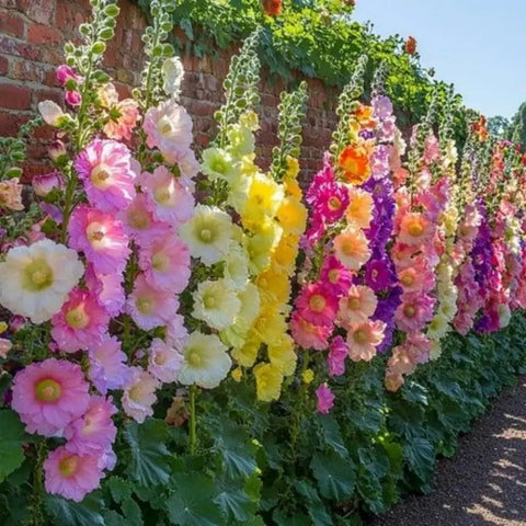 Wivolibe double blooms on hollyhocks enhance garden drama and seasonal color.