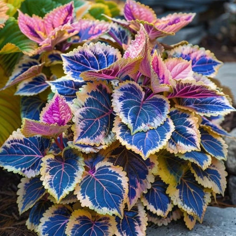 Wivolibe Rainbow Coleus foliage closeup reveals vivid leaf patterns.