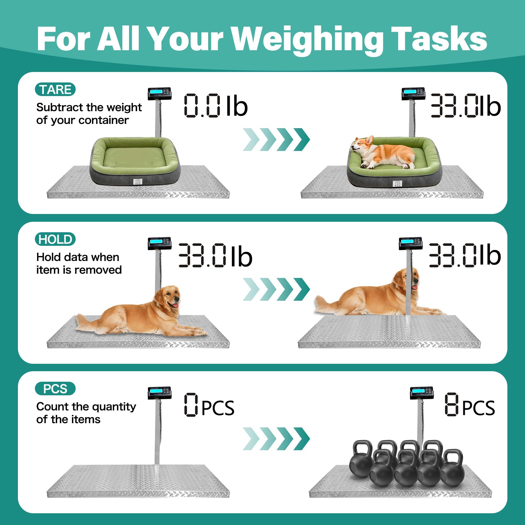 Tare, hold, and counting functions support versatile weighing tasks.