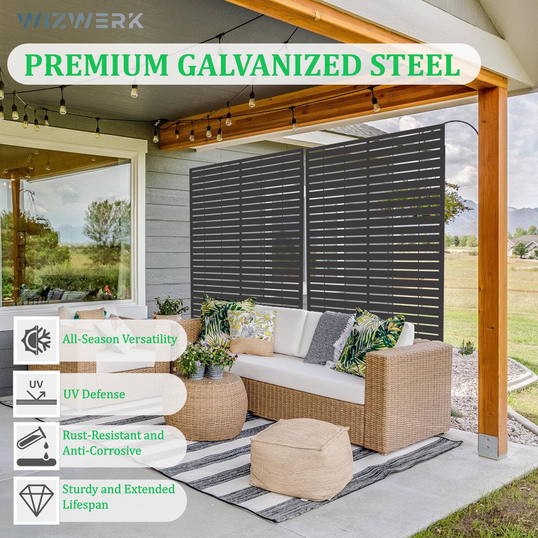 WIZWERK privacy screen with stand and anchors for stable outdoor use on concrete