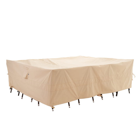 WJ-X3 extra large patio cover front view protecting dining table and chairs from sun and rain.