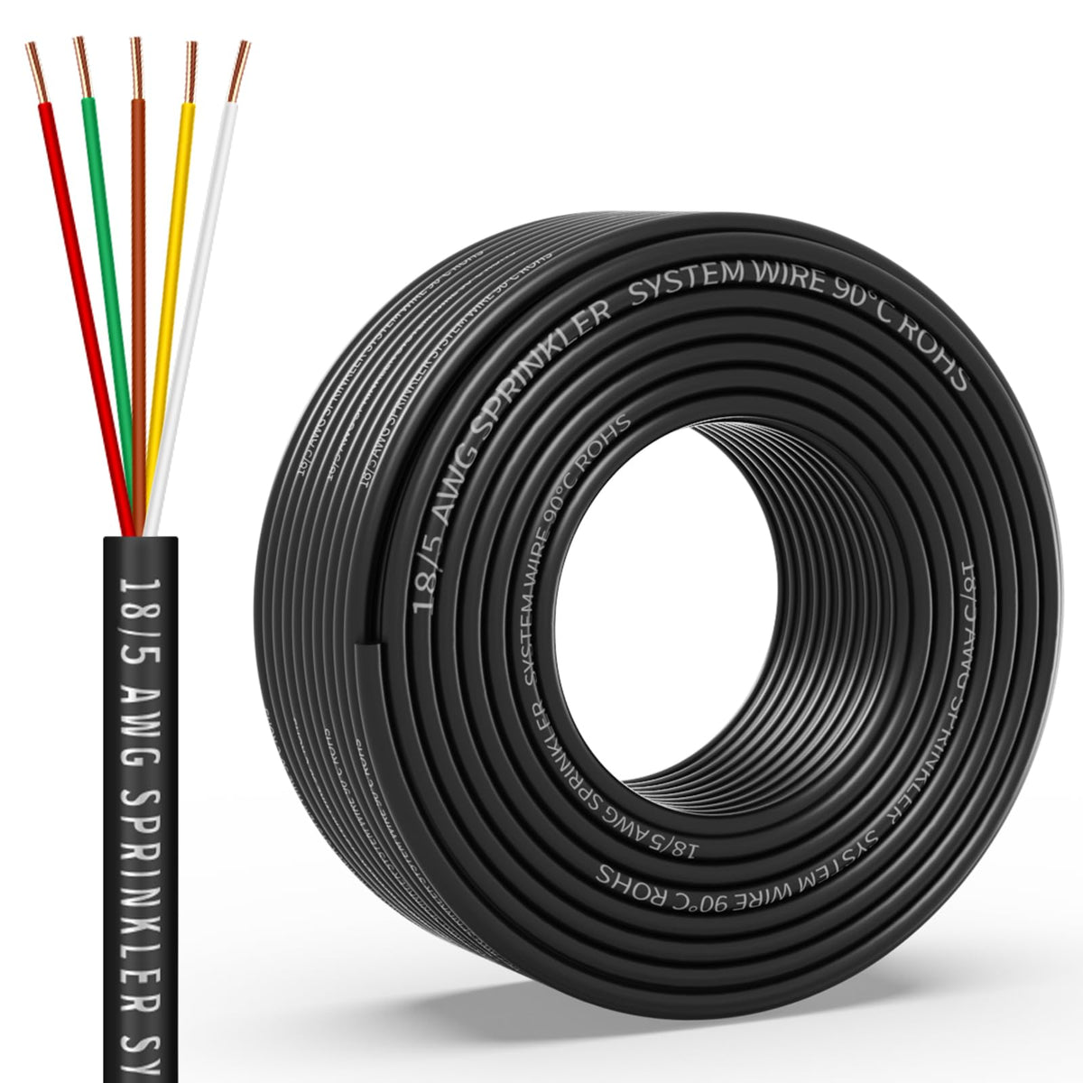 WJRZA 18/5 sprinkler wire showing 50ft length and five copper conductors for reliability.