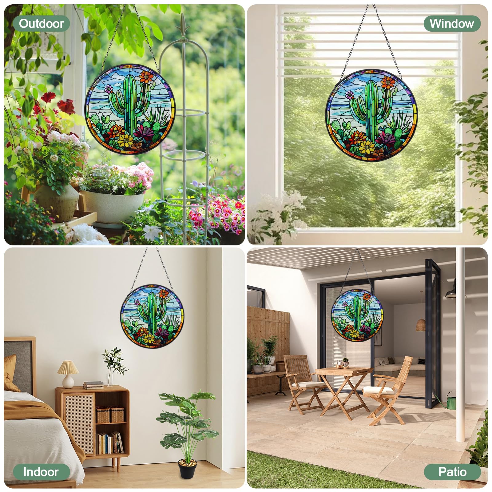 Wkyqes cactus stained glass suncatcher with chain for easy window or wall hanging.