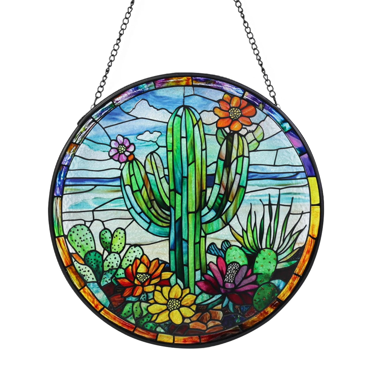 Wkyqes cactus stained glass window suncatcher 7-9 inch adds color without blocking the view.