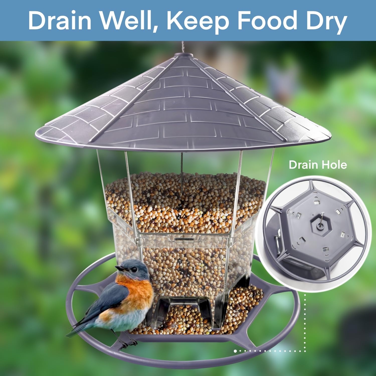 WLLKOO Bird Feeder clear plastic body shows seed levels at a glance.
