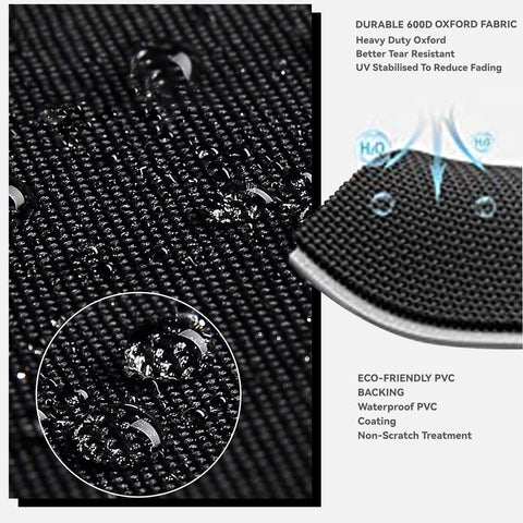 Waterproof, UV-protected fabric shields the table from rain and sun.