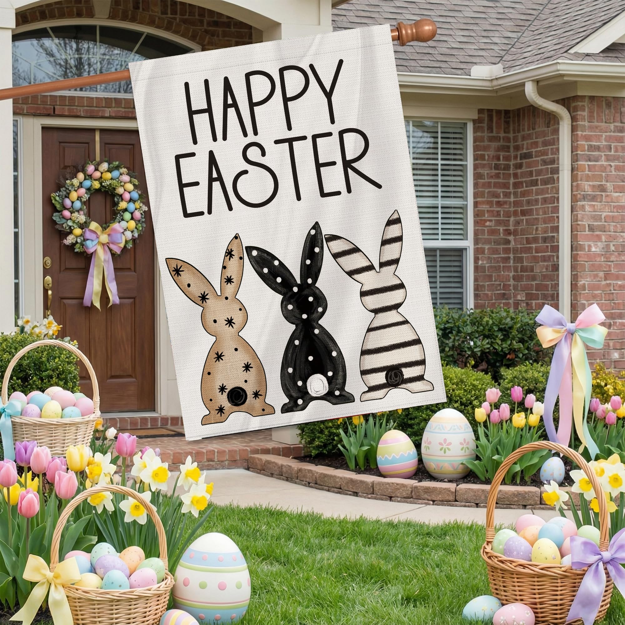 Woaoce Easter flag with black bunnies design adds playful curb appeal
