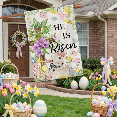 Woaoce exclusive design showcases He Is Risen with lamb flowers cross motifs
