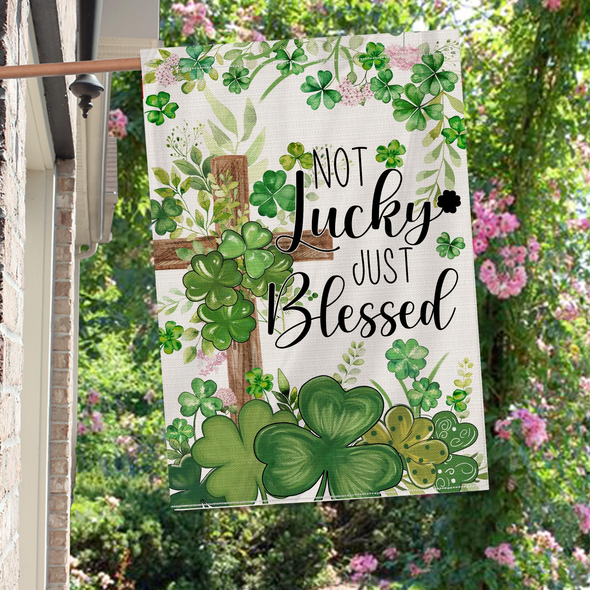 Shamrocks, clovers, and cross print add festive charm to porch decor.