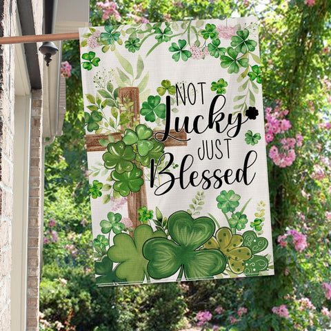 Shamrocks, clovers, and cross print add festive charm to porch decor.