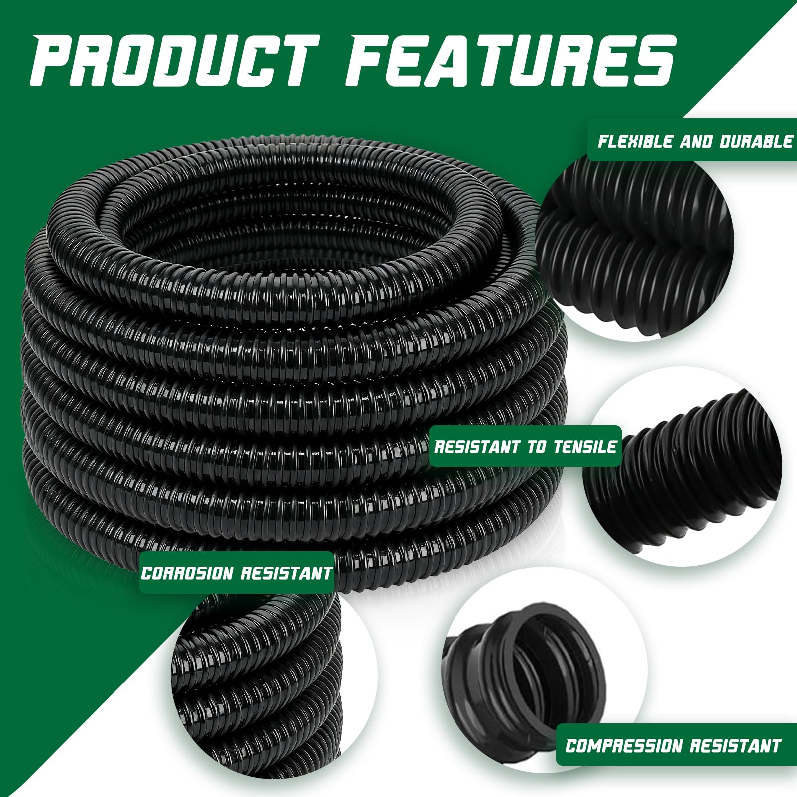 Wocloer pond tubing corrugated design enables tight bends and underground burial.
