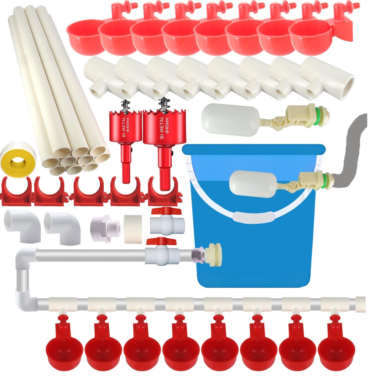WODERIC complete automatic chicken waterer setup shows cups and pipes for easy poultry hydration