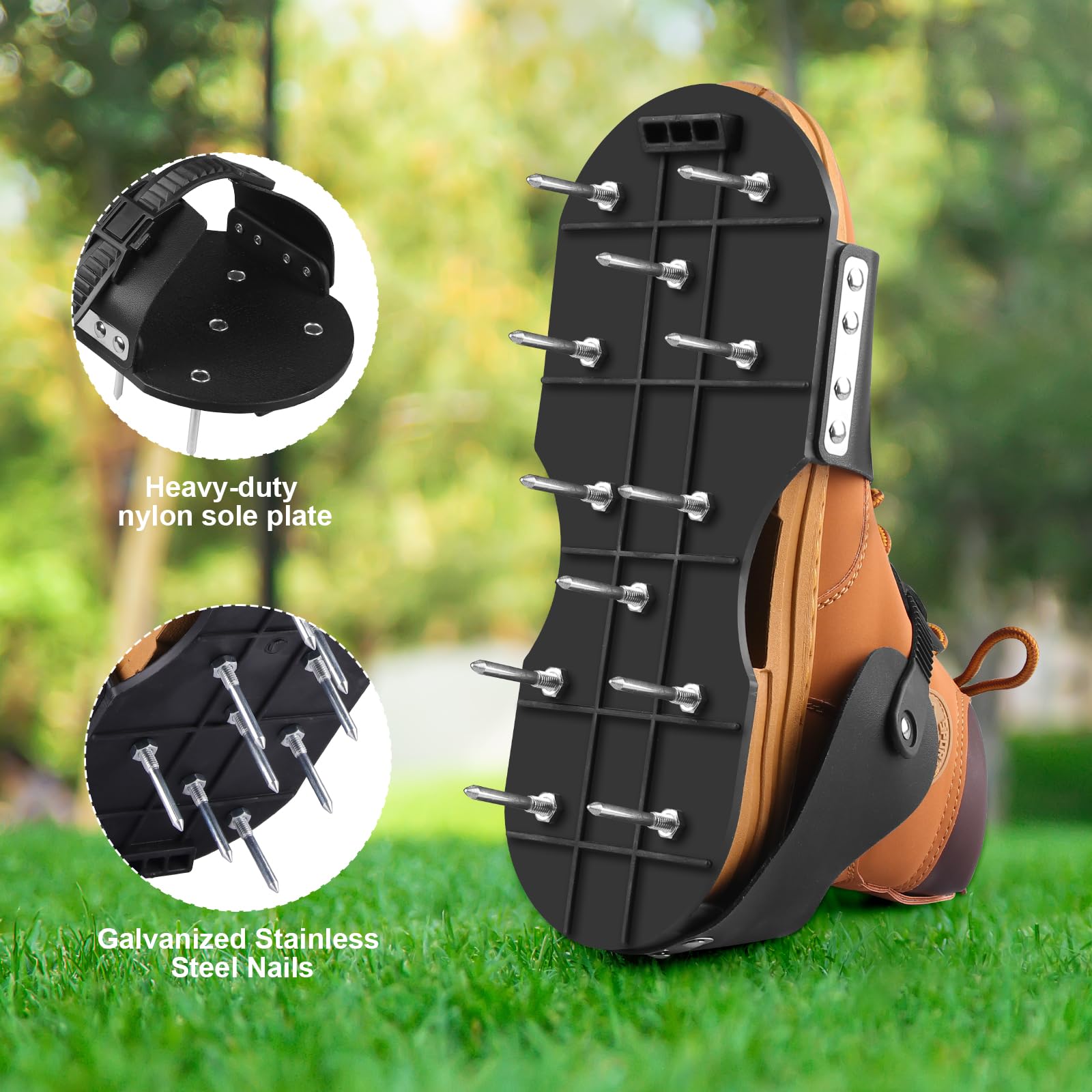 Wodesid lawn aerator shoes worn on lawn illustrate aeration stance.