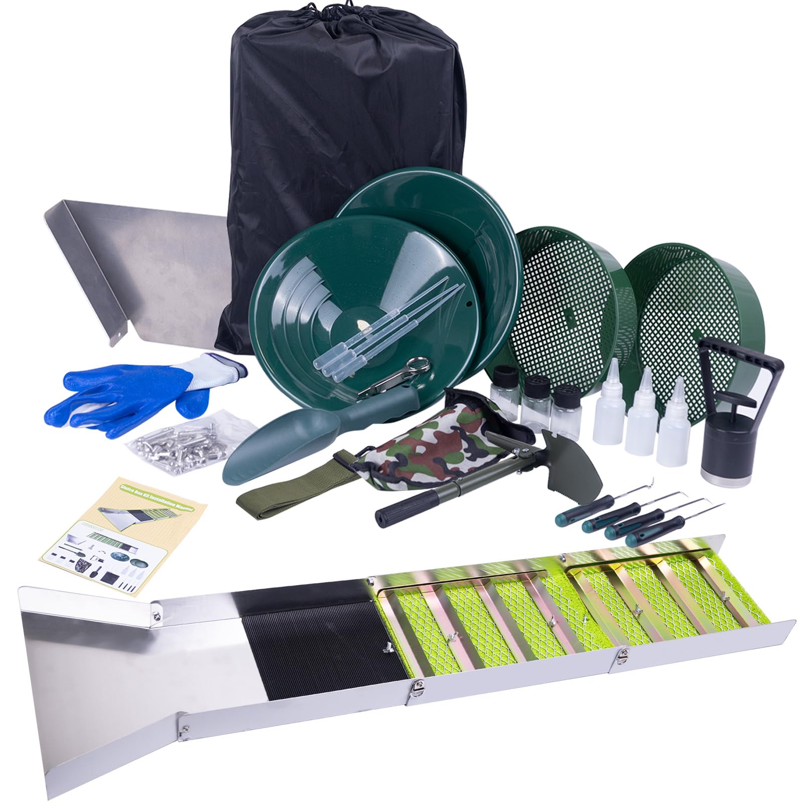 WodGod 27pcs gold prospecting kit laid out for field use.