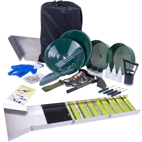 WodGod 27pcs gold prospecting kit laid out for field use.