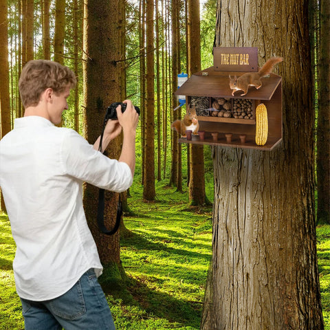 WodGod five-stool setup supports multiple squirrels feeding at once in a yard.