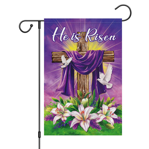 Wodison He is Risen flag shows cross, lilies and dove for outdoor Easter display.
