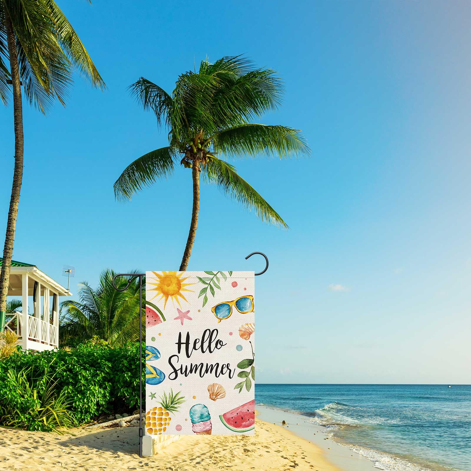 Wodison Hello Summer flag sun-ice-cream-fruits design greets guests outside.