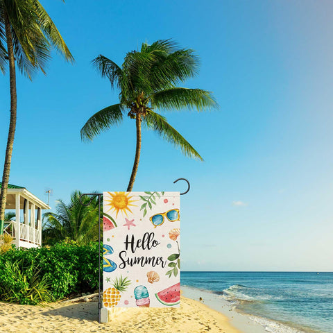 Wodison Hello Summer flag sun-ice-cream-fruits design greets guests outside.