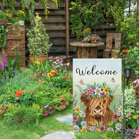 Wodison Highland cow spring flag showcases a cheerful farmhouse motif.