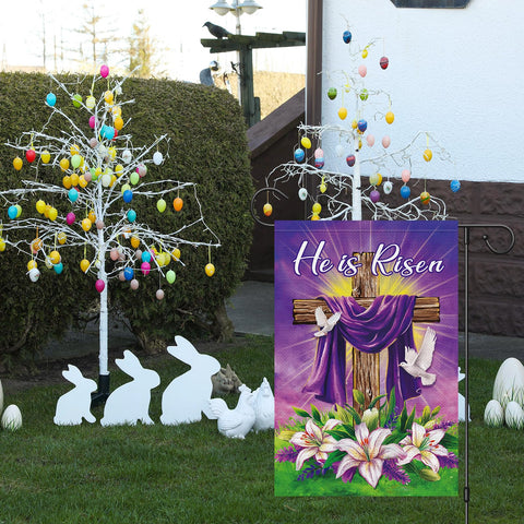 Wodison Easter flag with purple background enhances yard decor and spiritual ambiance.