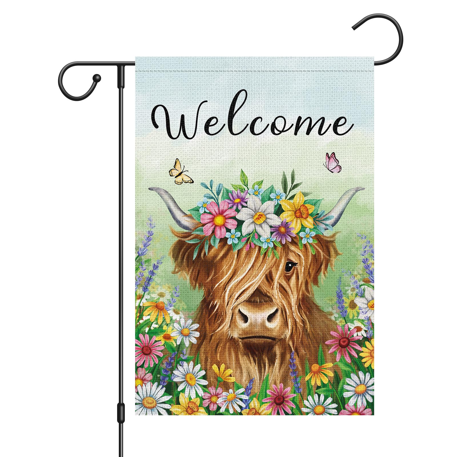 Wodison Welcome Spring garden flag in burlap adding rustic curb appeal.