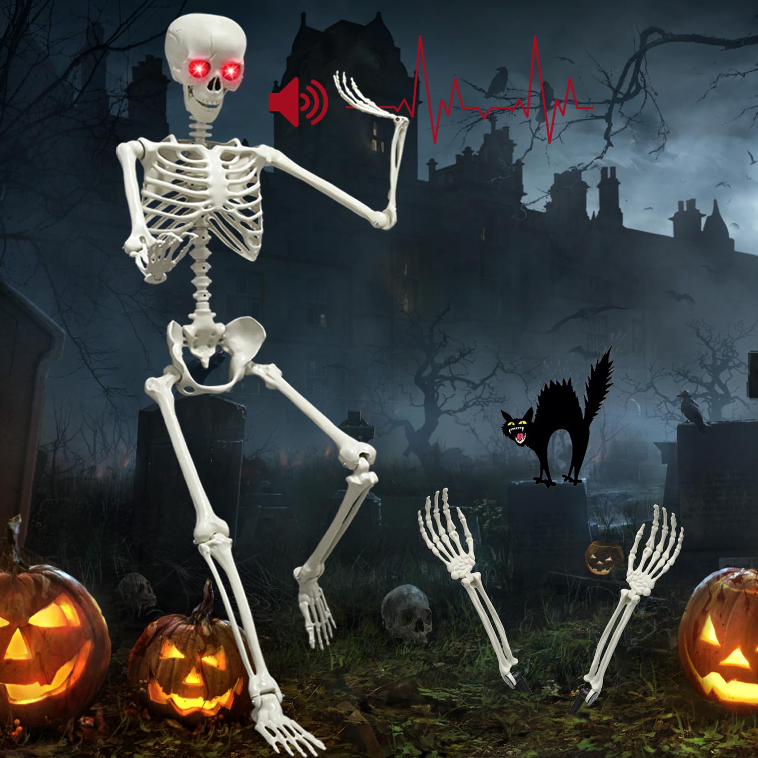 WODMAZ 5.4ft full-size skeleton for indoor or outdoor Halloween displays with lifelike presence